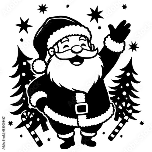 A cheerful Santa Claus waving in a festive holiday scene with Christmas trees and candy canes