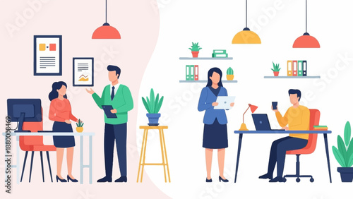 A flat vector illustration depicting two separate modern office scenes with business people collaborating