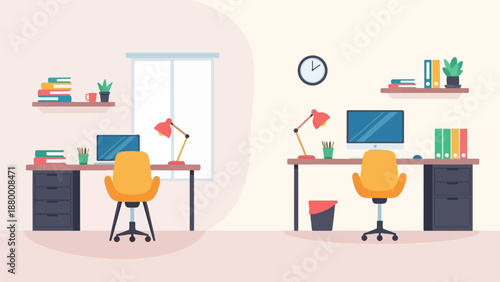 A flat vector illustration comparing a cozy home office with a modern corporate workspace setup