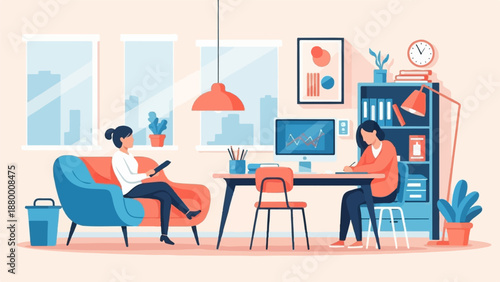 A flat illustration of two women in a modern office with a city view, one working at a desk