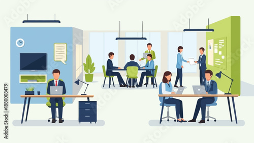 A flat vector illustration of a bustling modern office with people working and collaborating