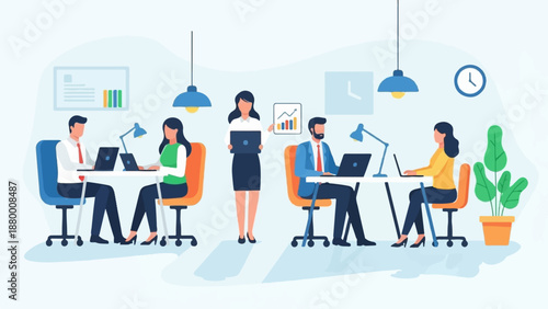 A flat vector illustration of a bustling office with professionals collaborating at their workstations