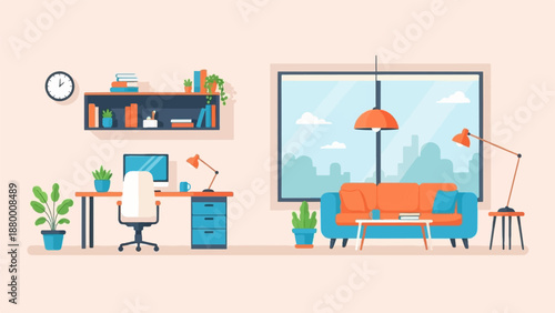 A flat vector illustration of a cozy home office and living room with a desk, sofa, and city view
