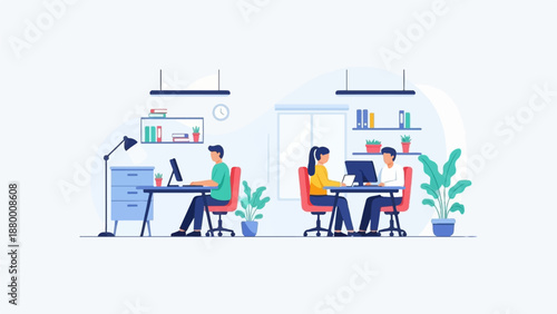 A flat vector illustration of three people working on computers in a modern, open-plan office space
