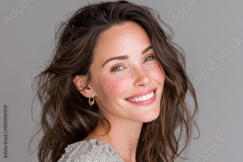 A smiling woman with wavy hair poses against a neutral background, showcasing her natural beauty and vibrant expression.