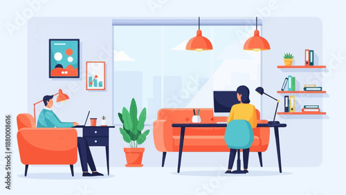 A flat vector illustration of two people working remotely in a modern and colorful home office space