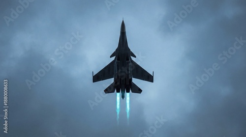 Military Jet Ascending with Blue Afterburners Against Dark Sky