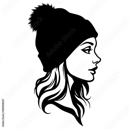 A minimalist black silhouette of a woman wearing a winter hat with a fluffy pom-pom