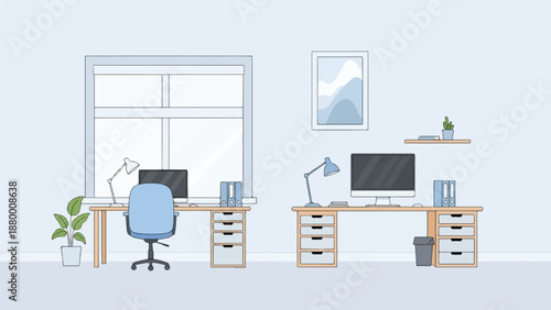 A minimalist illustration of two empty modern office workspaces with cool blue and neutral tones