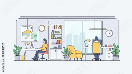 A minimalist illustration of two colleagues working at their desks in a contemporary office setting