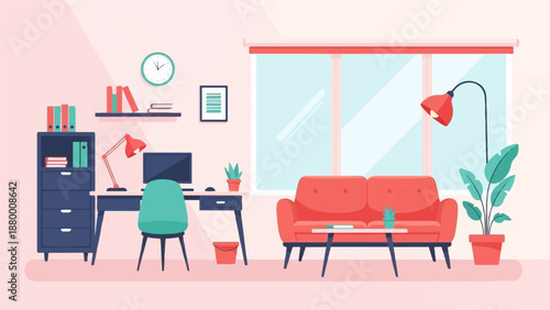 A modern, colorful home office and living room interior with a desk, couch, and large window