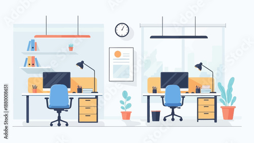 A modern, empty office interior with two workstations, illustrated in a clean, flat design style
