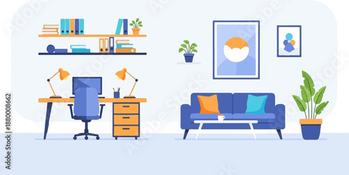 A modern flat illustration of a cozy home office and living room interior with contemporary furniture