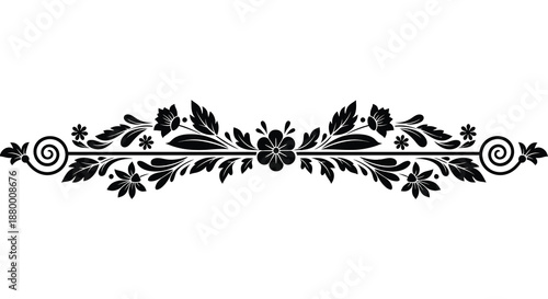 an ornate black floral design with swirling elements and detailed blossoms presented against a stark white background a beautiful silhouette
