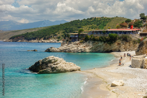 panoramic of Pulebardha Beach, Ksamil, Albania. Summertime on albanian riviera