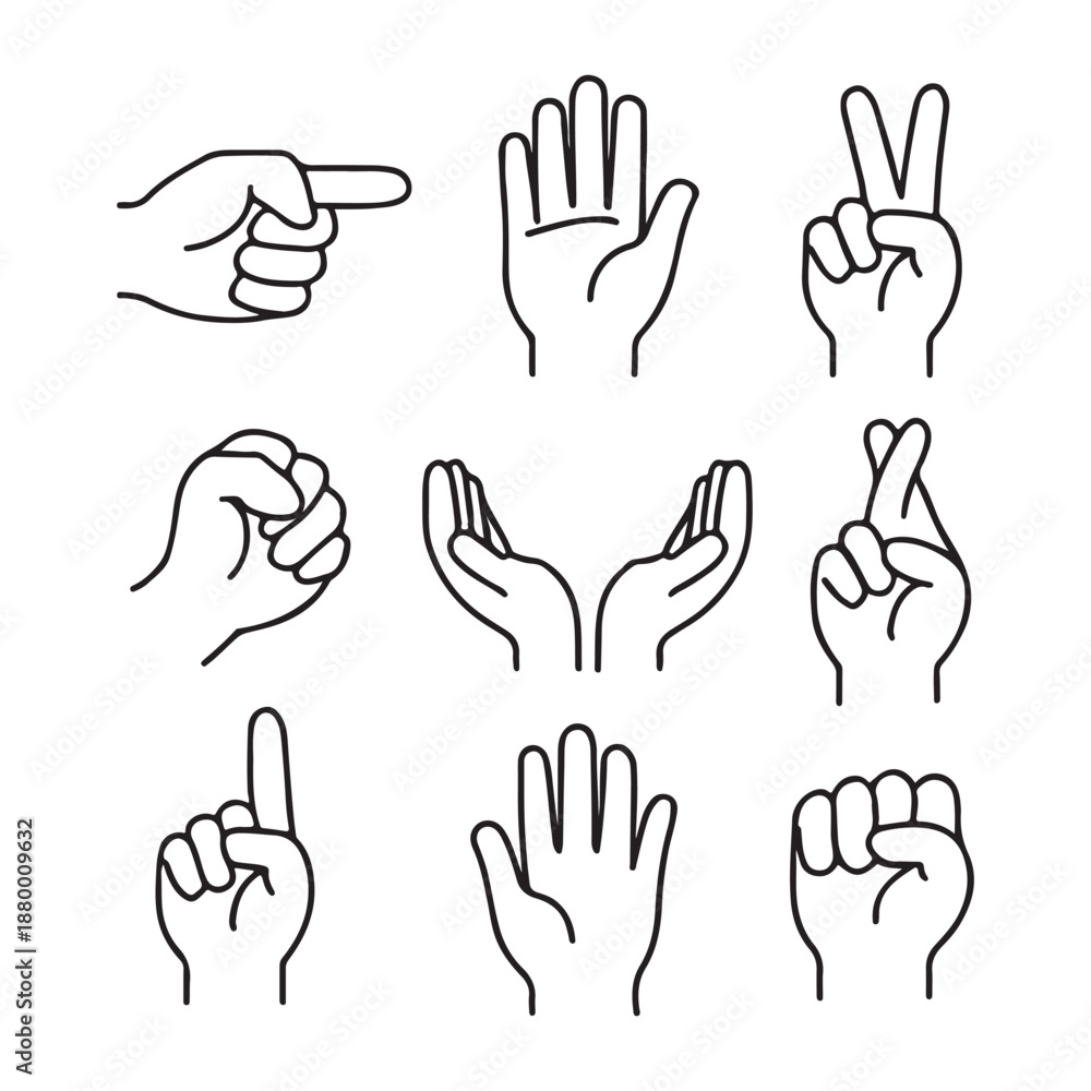 Fototapeta premium Set of Minimalist Hand Gesture Line Icons Including Pointing Peace Sign and Open Palm for Design Projects