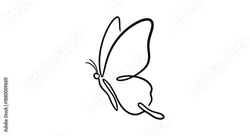 A minimalist single line drawing depicts a graceful butterfly in flight showcasing its delicate wings and body a striking silhouette