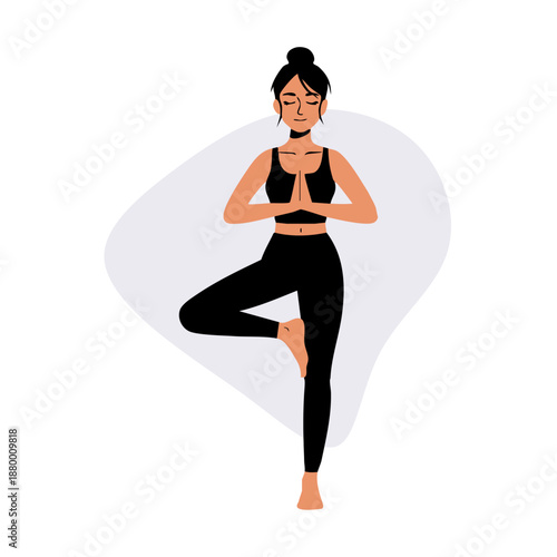Vector Illustration of a Woman in Yoga Tree Pose wearing Black Sportswear