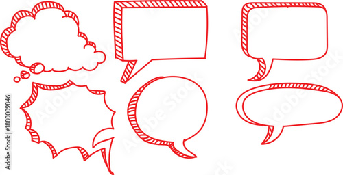Collection of hand drawn doodle speech bubbles and thought balloons in various unique shapes for dialogue