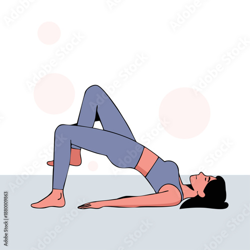 Woman Performing One Leg Glute Bridge Exercise Flat Vector Illustration