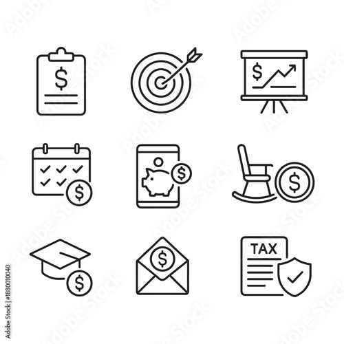 Personal Finance Outline Icons Set with Goals, Retirement, Education Savings and Tax Protection