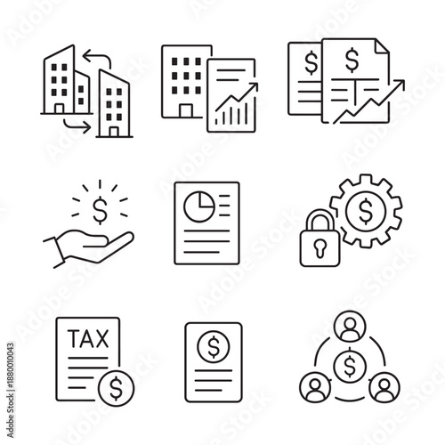 Business Finance Outline Icons Set with Real Estate Transaction, Reports and Security