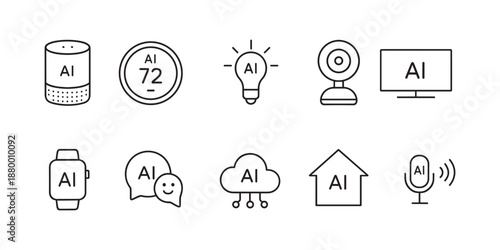 AI Smart Devices and IoT Icons Set with Voice Assistant, Smart Home, Cloud and Wearables
