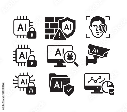 AI Cybersecurity Icons Set with Firewall, Threat Detection, Malware Scan and Secure Data
