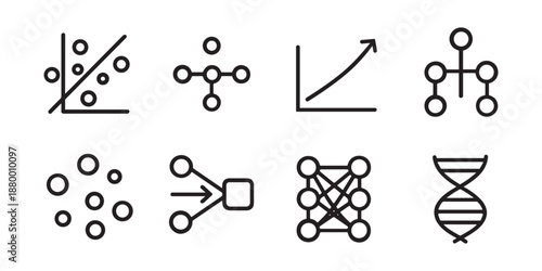 Data Science and Machine Learning Icons Set with Charts, Clustering, Neural Network and Biometrics
