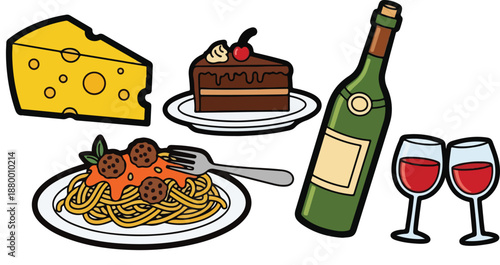A delightful spread of cheese, cake, wine, and spaghetti