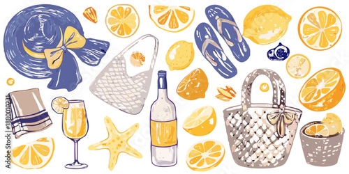 a colorful illustration of summer items and oranges