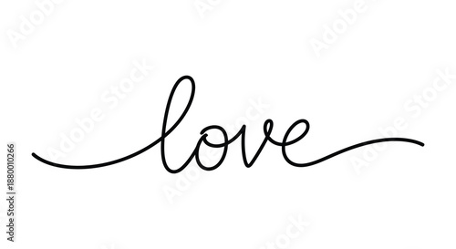 A delicate flowing handwritten script spells out the word love presented as a dark outline against a bright white background silhouette