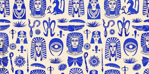 egyptian pharaohs and symbols in blue on cream background