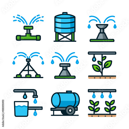 Farm irrigation and water system icons with sprinklers