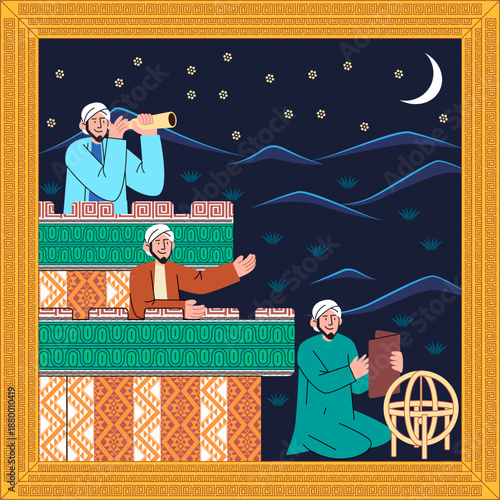 historical muslim scholars of the islamic golden age conducting astronomical research with telescope and astrolabe
