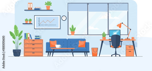 A modern home office illustration with a desk, computer, sofa, and a large window with a sky view