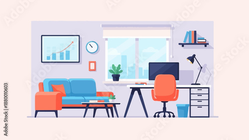 A modern home office with a desk, computer, and a cozy living area with a sofa and city view