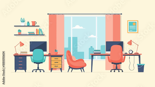 A modern home office illustration with two desks, computers, and a large window with a city view