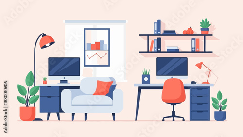 A modern home office illustration with two computer desks, an armchair, and plants in a flat design