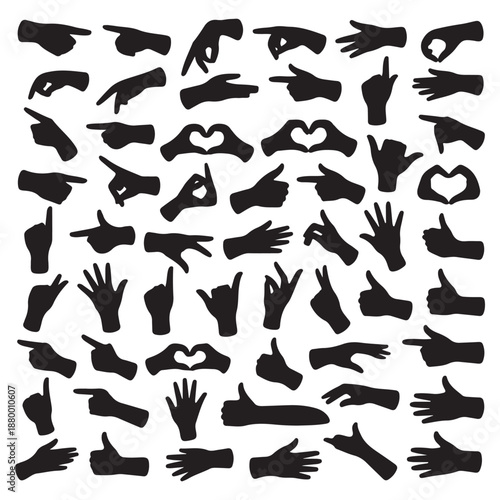 Detailed Set of Hand Gesture Silhouettes with Diverse Poses Including Heart Signs and OK Gestures
