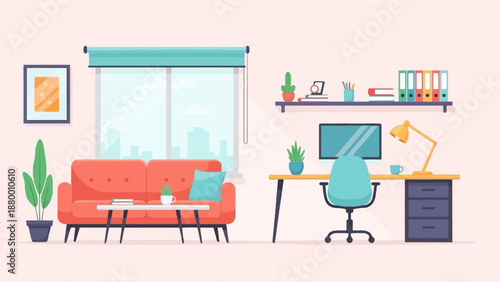 A modern living room and home office illustration with a couch, desk, and a large city view window