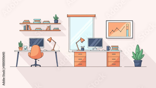 A modern, minimalist illustration of a home office with two computer desks and warm-toned decor