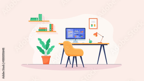 A modern, minimalist home office illustration with a computer displaying data charts and a potted plant