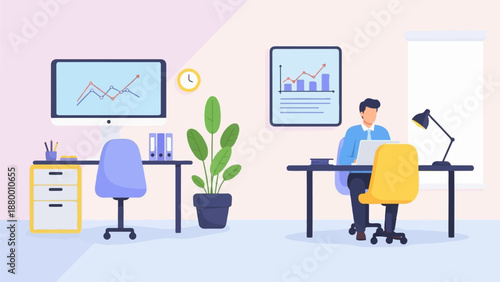 A modern office illustration with a man working at a desk and data charts displayed on a screen