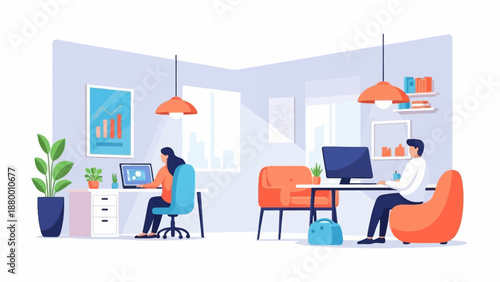 A modern office illustration with two colleagues working at their computers in a bright workspace