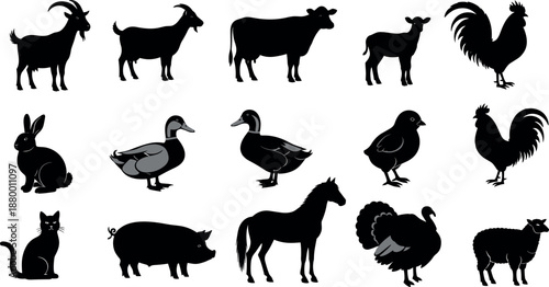 Black Farm Animal Silhouettes Collection Featuring Livestock Icons Like Cow Horse Pig Chicken Goat And Sheep For Agriculture Vector Design