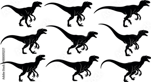 Black Silhouette Set of Predatory Velociraptor Dinosaurs in Various Running and Hunting Poses Isolated on White Background for Vector Design