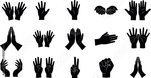 Collection of black hand silhouettes showing various gestures like praying cupping clapping and open palms for spiritual and religious concepts