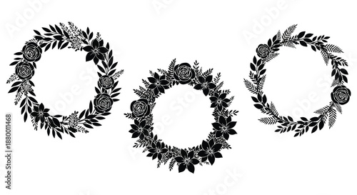 three circular floral arrangements exhibiting intricate botanical details and delicate leaf patterns creating a visually appealing aesthetic silhouette high quality professional