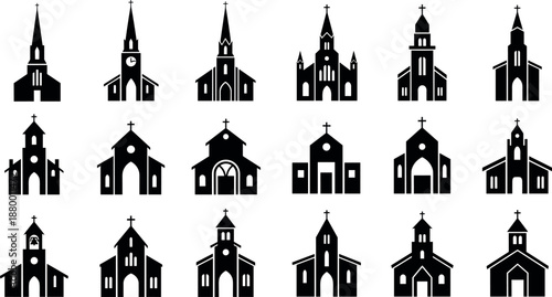 Collection of Christian Church Icons and Chapel Building Silhouettes Set for Religious Architecture Design and Spiritual Graphic Vector Illustration Assets
